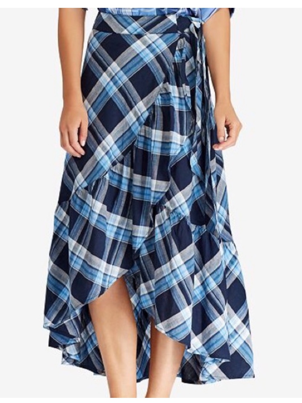 Lauren Ralph Lauren Blue Plaid Ruffle Maxi Skirt 14 linen cotton